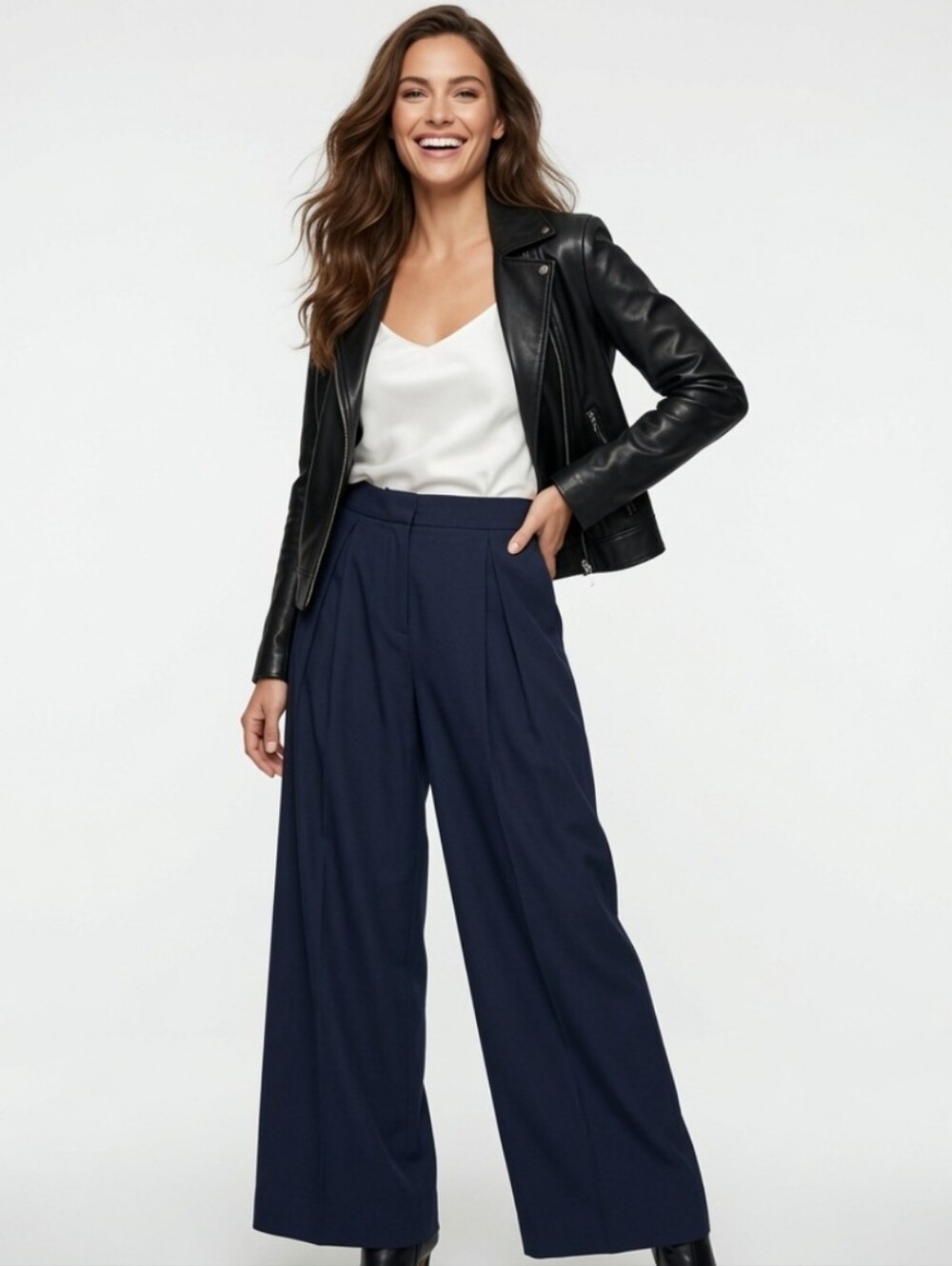 A/X Armani Exchange Navy Relaxed Fit Wide-Leg High-Rise Pants (Size:6)